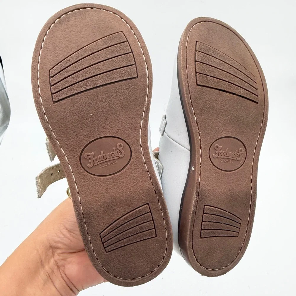 Footmates Mary Jane Kids 10 White Leather T-Strap Double Buckle Perforated Shoes